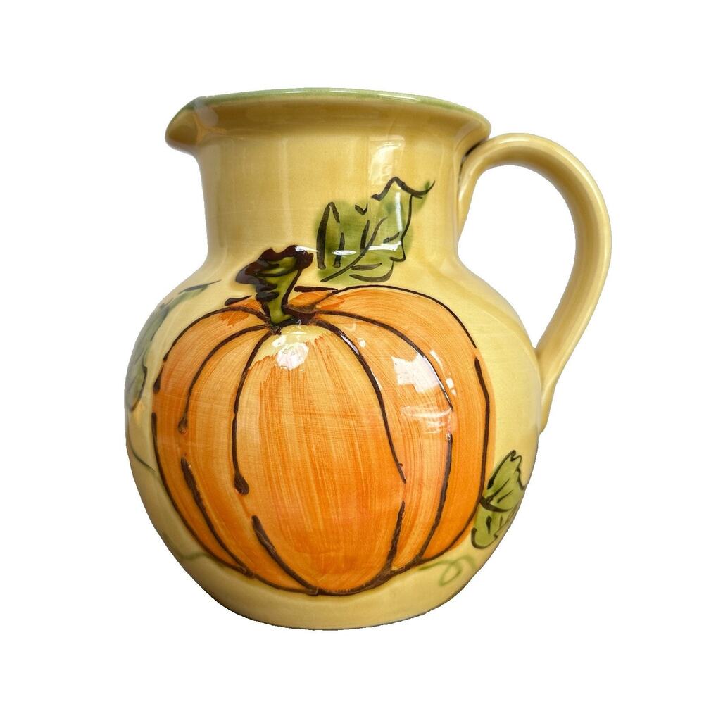 Williams Sonoma Fall Harvest Pumpkin Large Ceramic Pitcher Hand Painted Italy